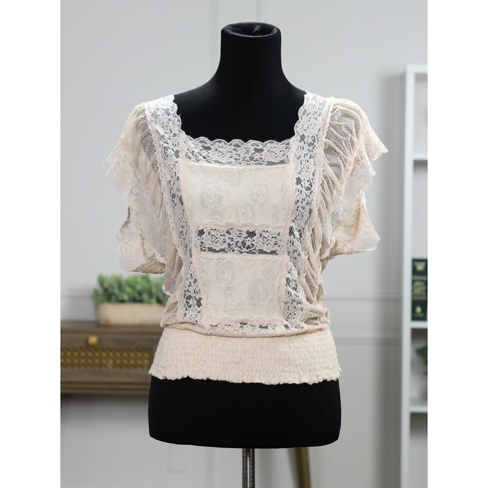 Free People Blush Lace Tank Top S Sheer Romantic Boho Cottagecore Smocked Hem - Picture 3 of 13